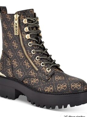 Guess Brown Logo Lace-Up Combat Boot with Gold LIMITED TIME SHIPPING DISCOUNT!